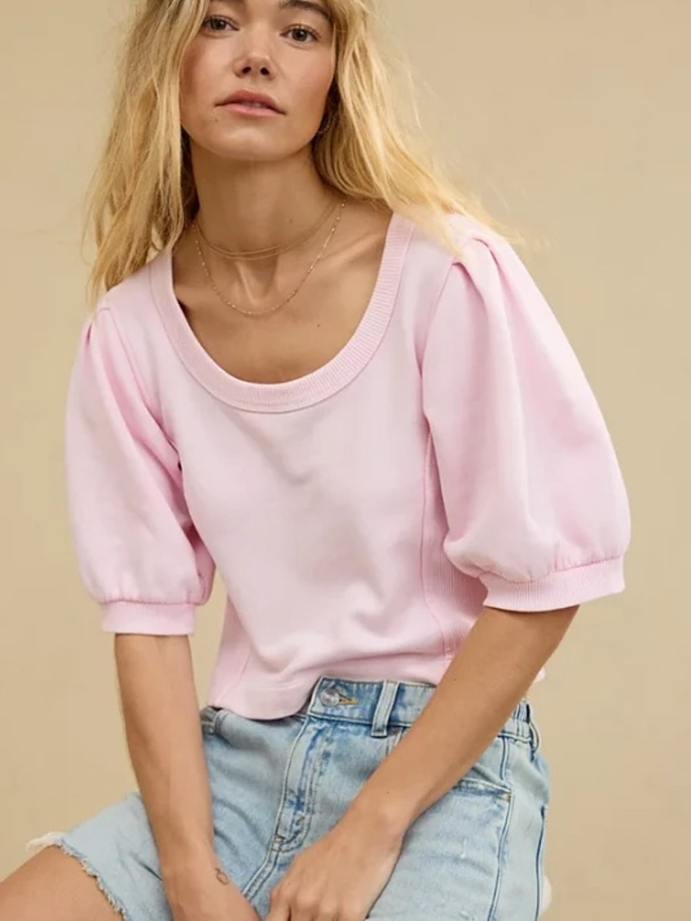 Aerie Seams Right Light Pink Puff Sleeve Cropped Sweatshirt Top Medium